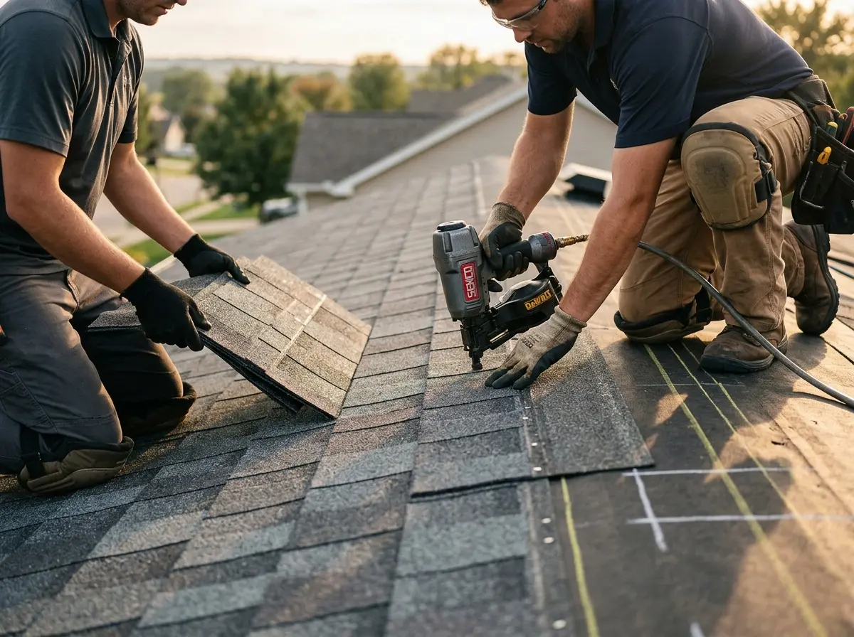Professional roofer working on a residential roof in Fort Payne